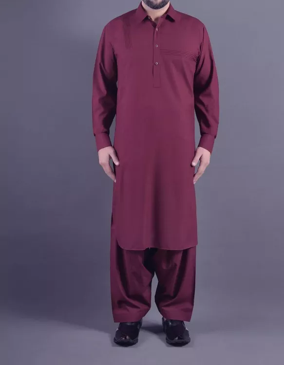 Men's Maroon Plain Shalwar Kameez
