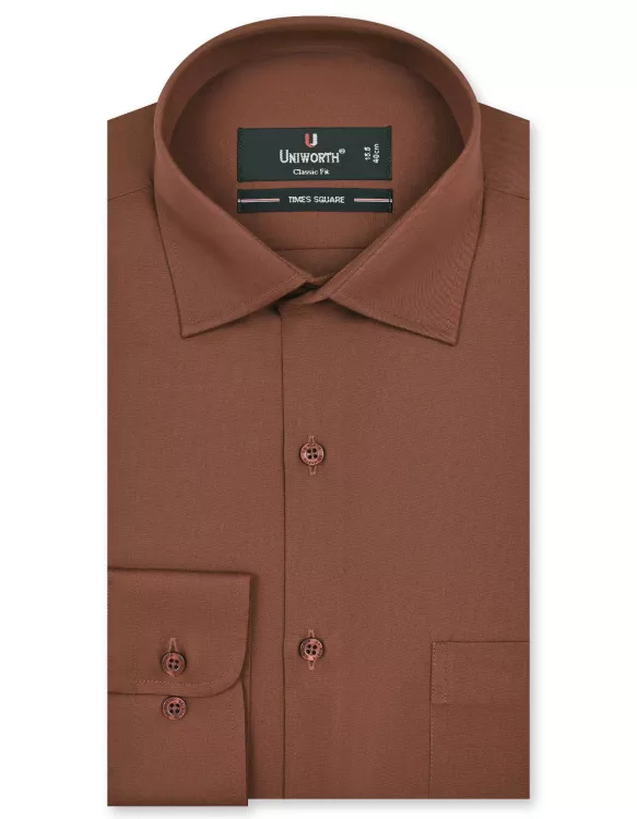 L Brown Plain Classic Fit Shirt