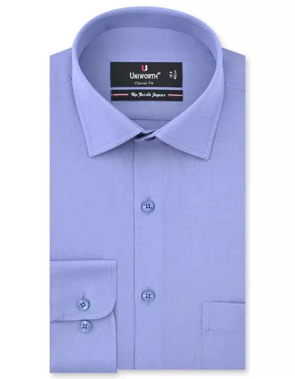 L Blue Plain Classic Fit Shirt