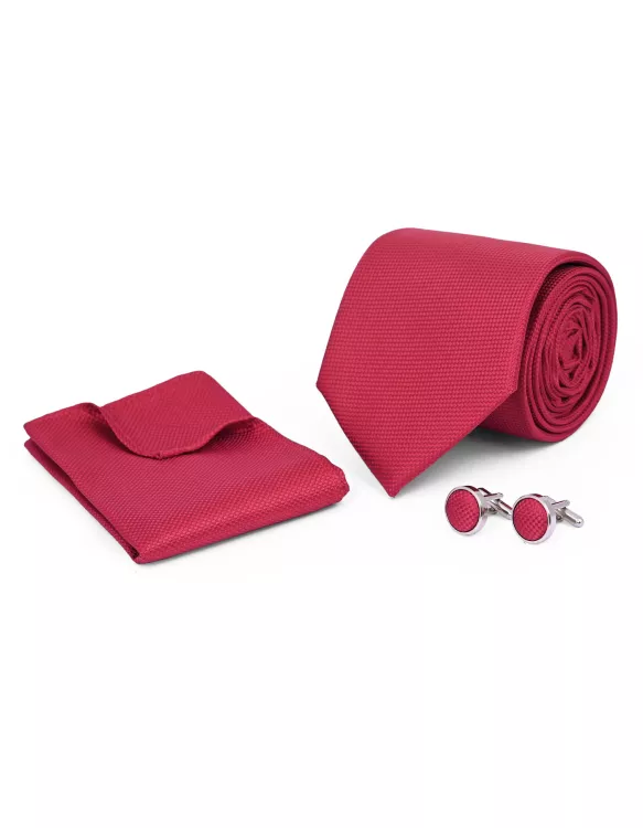 Red Plain Cufflink Tie Set