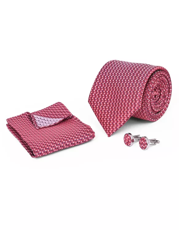 Maroon Geometric Cufflink Tie Set