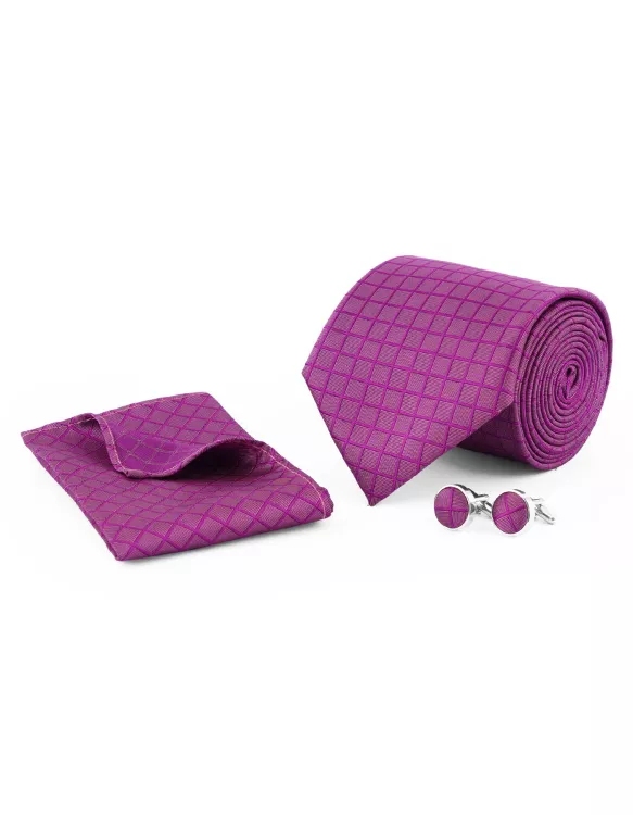 Purple Check Cufflink Tie Set