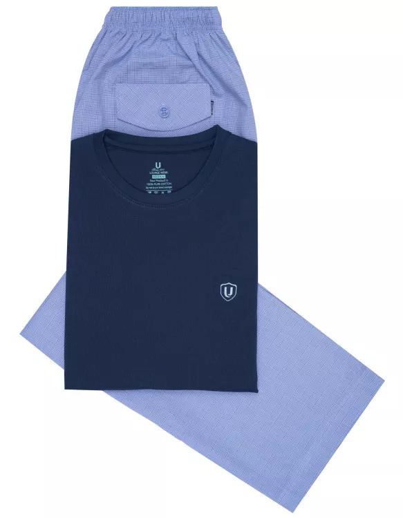 Navy Plain T-Shirt Pajama Set Woven
