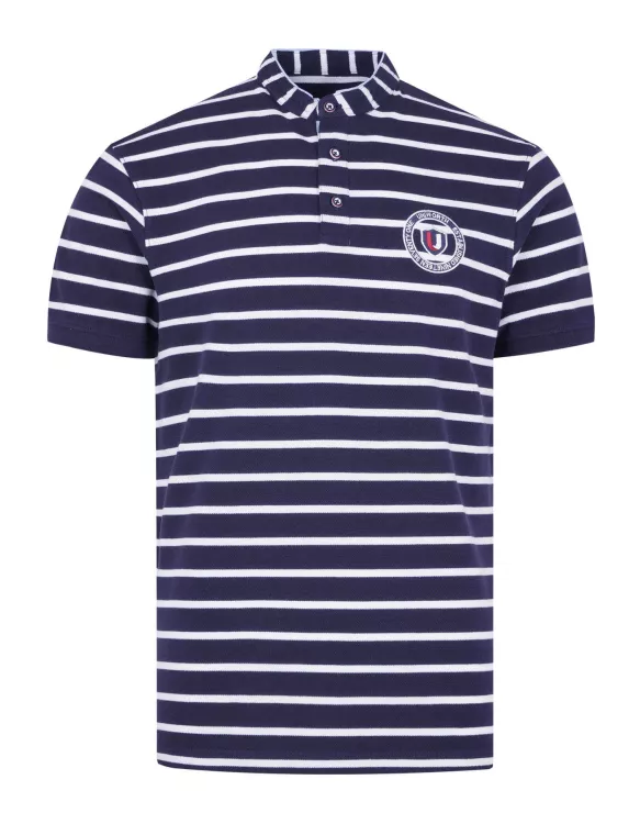 Navy Stripe Band Collar Cotton T-Shirt