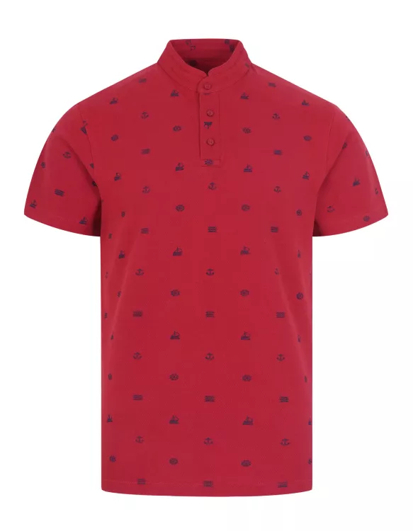 Red Printed Band Collar Cotton T-Shirt