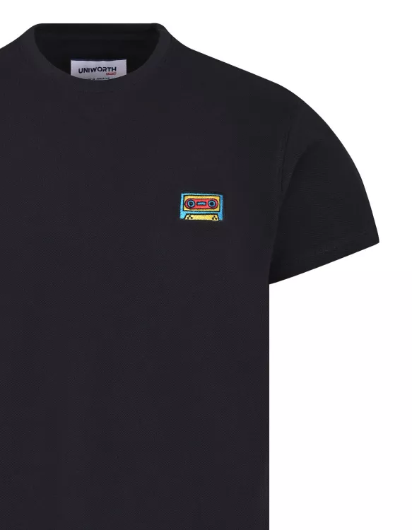 Black Plain Embroidered Crew Neck T-Shirt