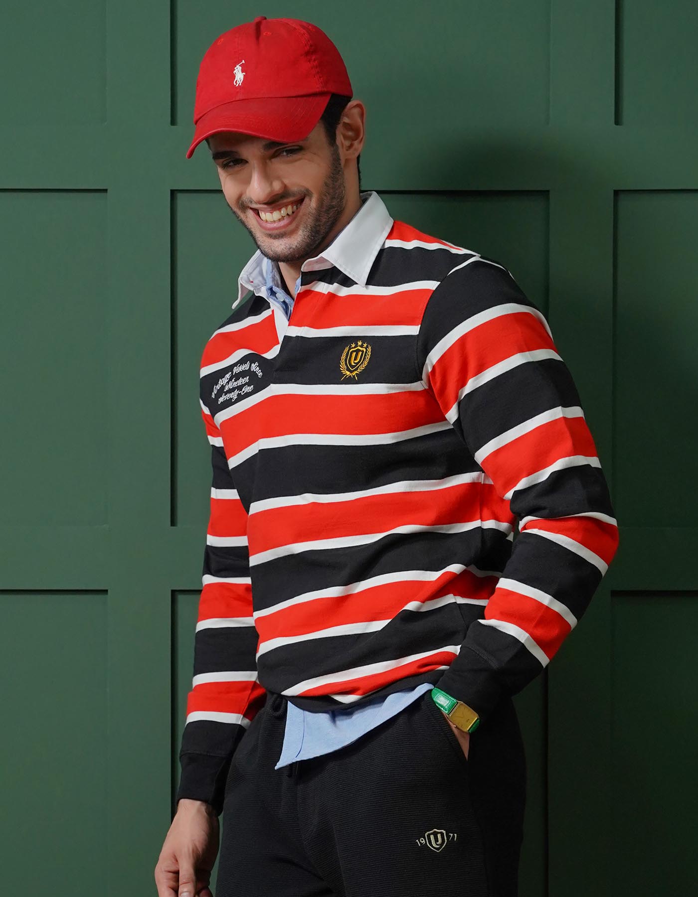 Black Striped Cotton Rugby Polo For Men | Uniworth