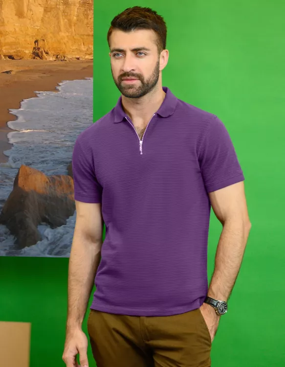Texture Purple Half Sleeve Polo T-Shirt