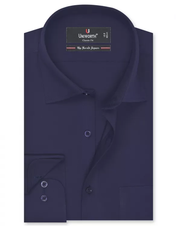 Navy Blue Plain Classic Fit Full Sleeve Shirt