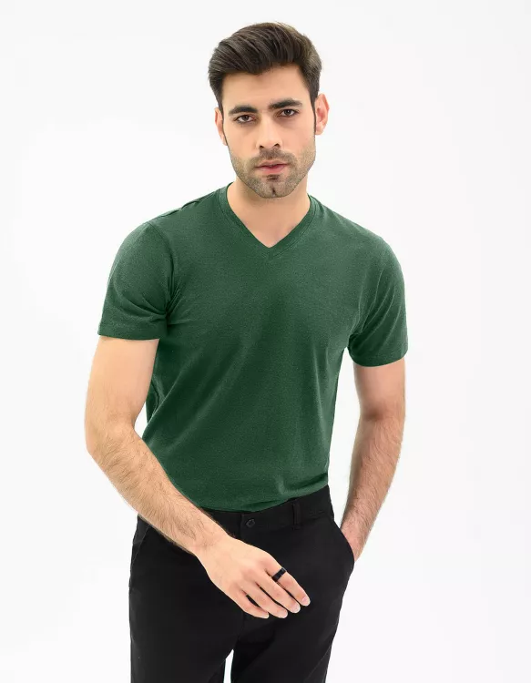 Plain Green Cut n Sew Half Sleeves V Neck T-shirt