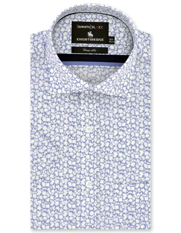 Printed White/Blue Classic Fit Shirt
