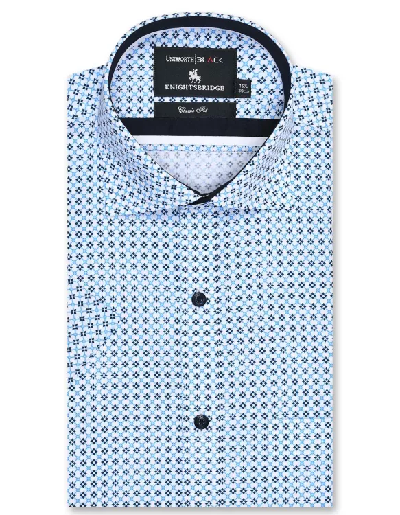Printed White/Blue Classic Fit Shirt