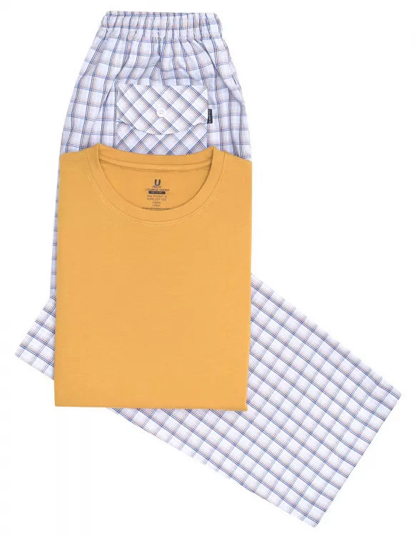 White/Mustard Plain T-Shirt Pajama Set Woven