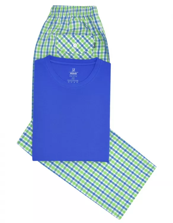 Green/R Blue Plain T-Shirt Pajama Set Woven