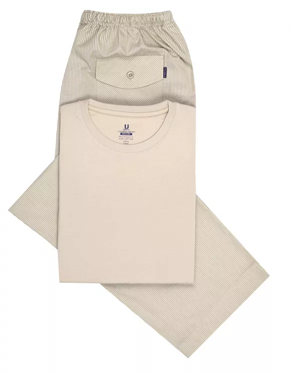 Beige Plain T-Shirt Pajama Set Woven