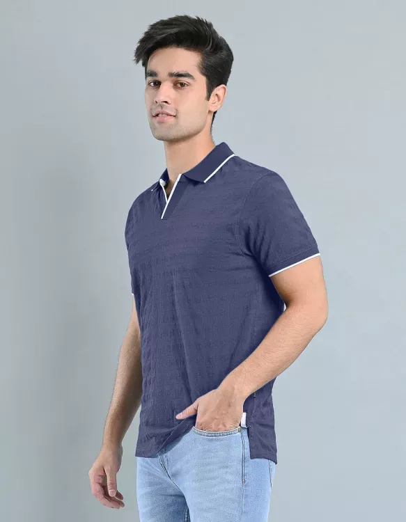 Texture Navy Half Sleeves Polo T-Shirt