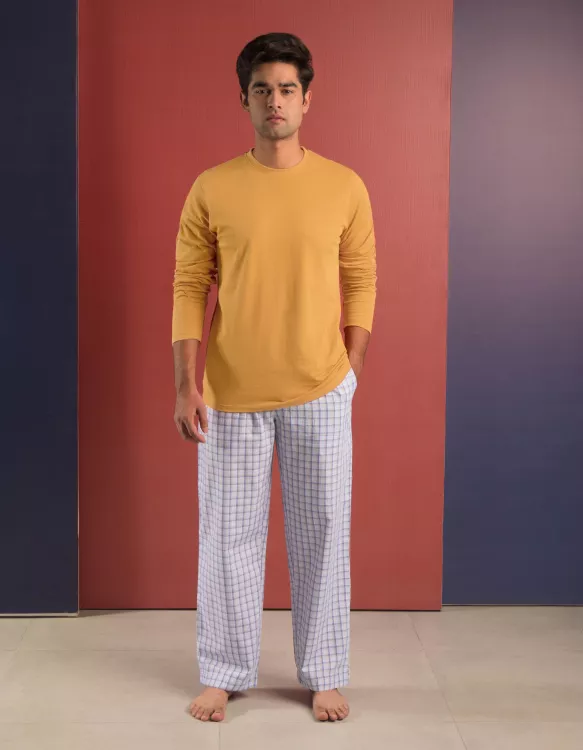 White/Mustard Plain T-Shirt Pajama Set Woven